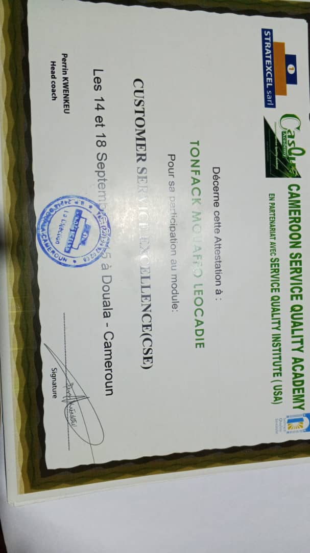 Certificat Customer Service Excellence CSE Cameroon Service Quality Academy 2015 - Excellence service client