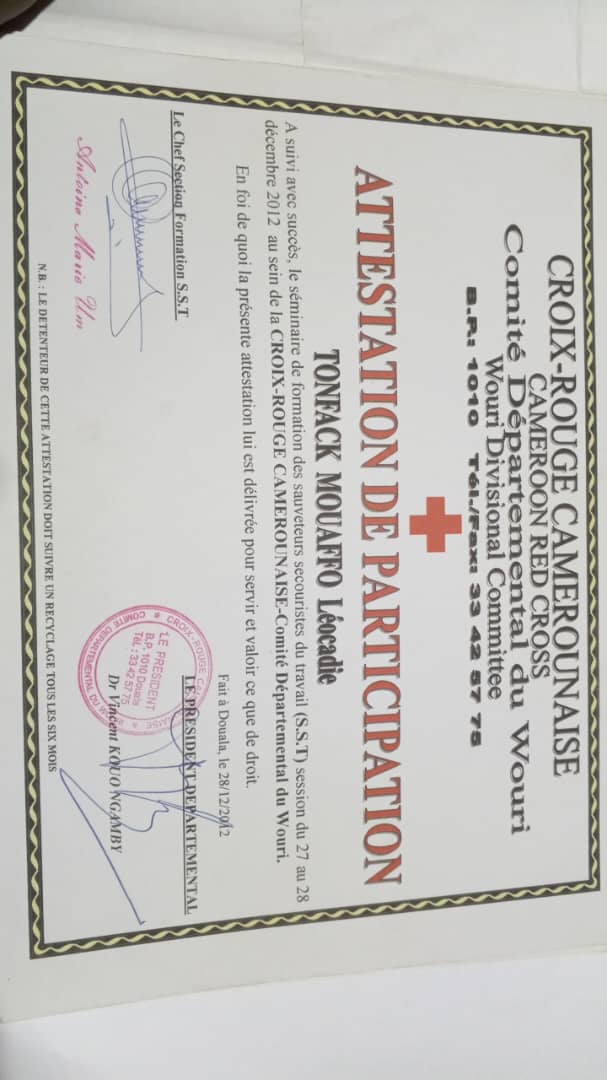 Formation Sauveteurs Secouristes du Travail SST Croix-Rouge Camerounaise 2012 - Certificat secourisme professionnel