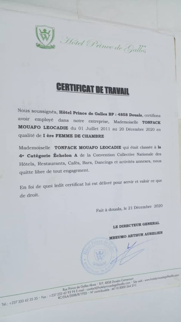 Certificat Travail Première Femme de Chambre Hotel Prince de Galles 2011-2020 - Expérience management équipe entretien