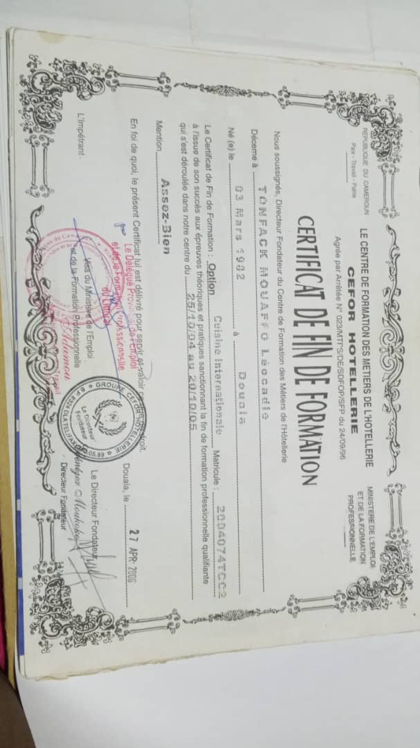 Formation Cuisine Internationale CEFOR Hotellerie 2004-2005 - Certificat cuisine professionnelle Cameroun