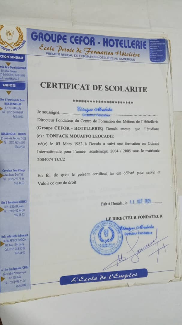 Certificate Cuisine Internationale Groupe CEFOR Hotellerie 2004-2005 - Diplôme formation culinaire